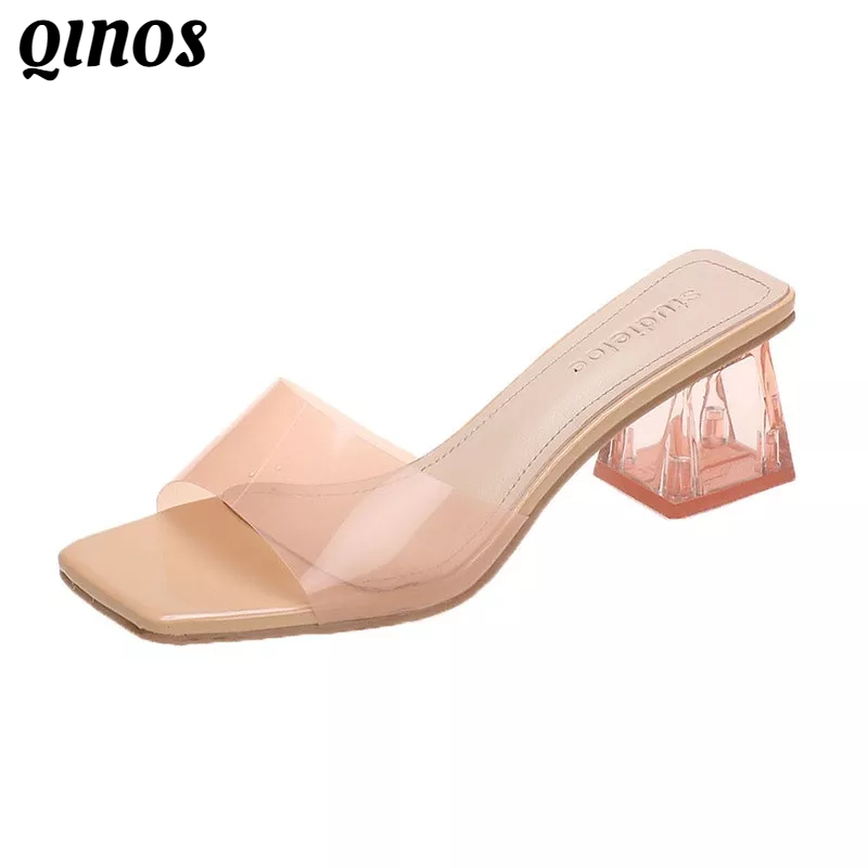 Dép Cao Gót Mũi Vuông Quai Trong Suốt Thời Trang Sành Điệu