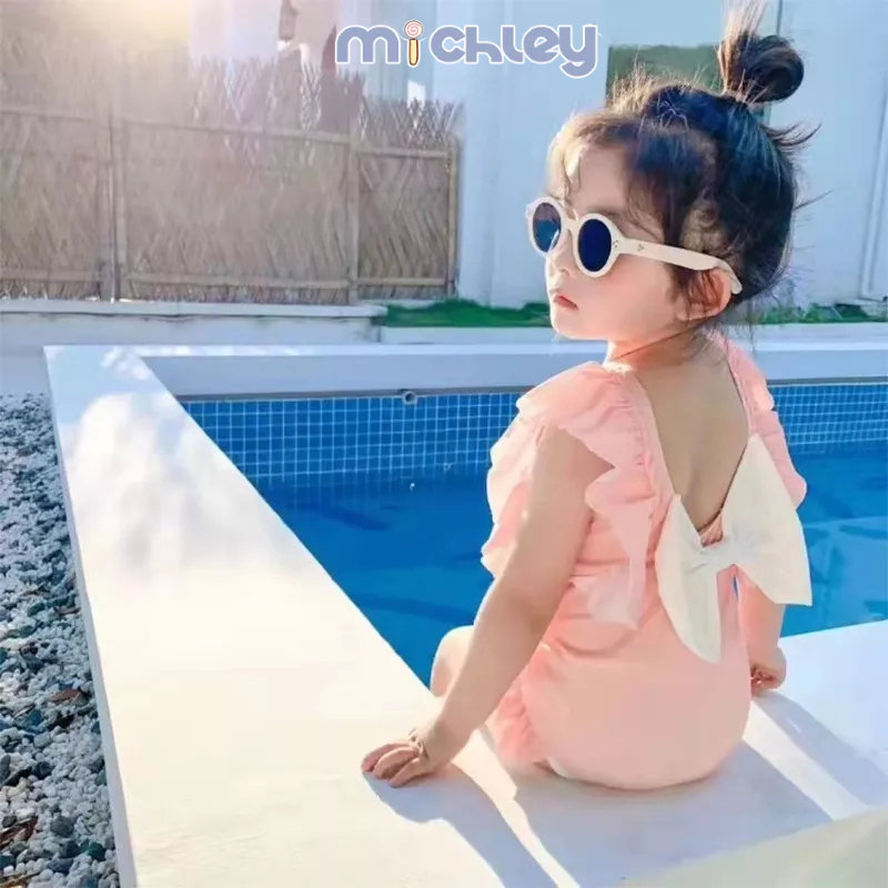 Đồ bơi một mảnh MICHLEY nhanh khô hở lưng phối nơ dễ thương phong cách Hàn Quốc thời trang dành cho bé gái