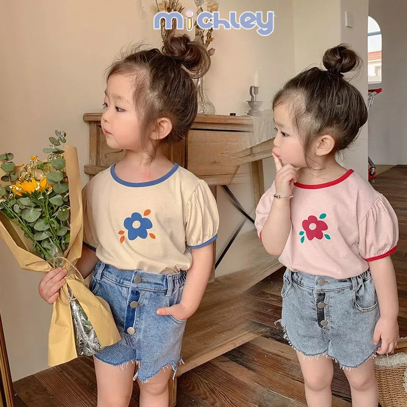 Áo thun cotton ngắn tay kiểu nước ngoài cho bé gái vừa và nhỏ mùa hè tương phản màu sắc rộng rãi áo sơ mi có đáy dễ thương hàng đầu phong cách nước ngoài thời trang