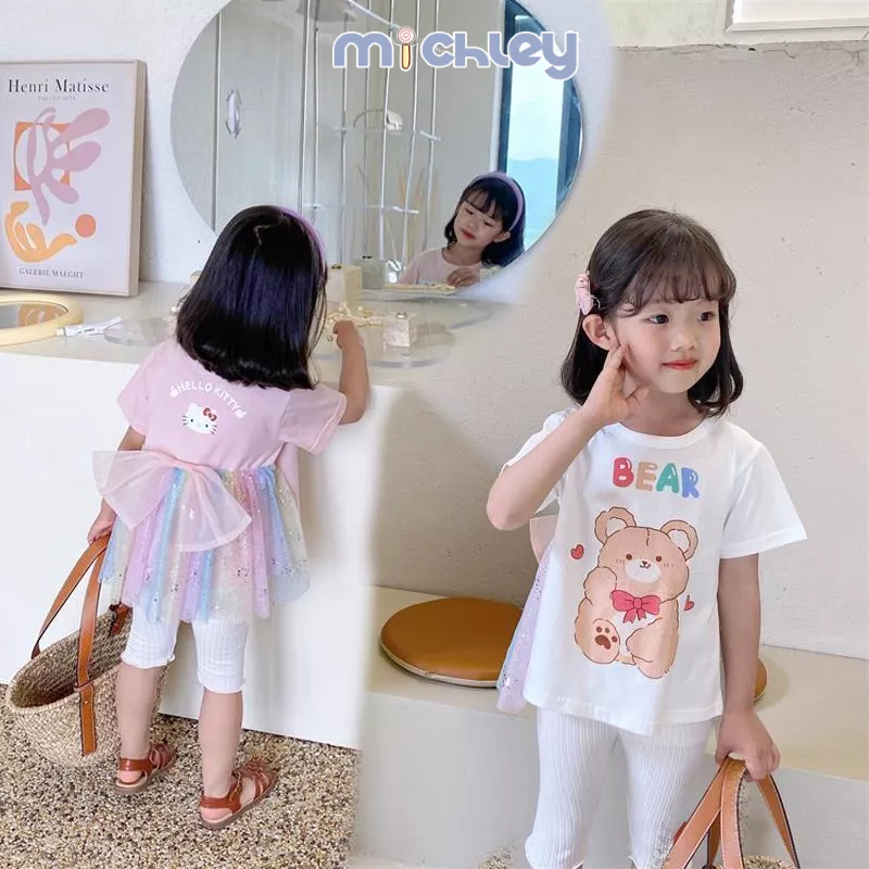 Áo Thun Tay Ngắn Phối Lưới Màu Hồng gradient Đính Nơ Dễ Thương Phong Cách Phương Tây Cho Bé Gái