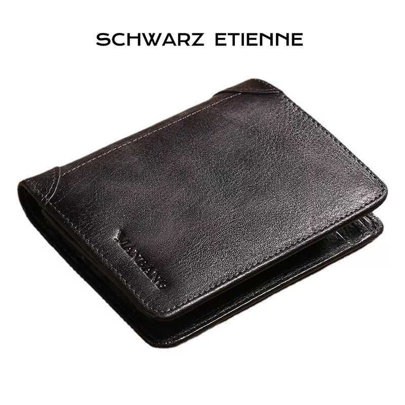 Schwarz ETIENNE Ví Da Bò Ngắn Gập Ba Phong Cách Cổ Điển Chống Trộm Cho Nam