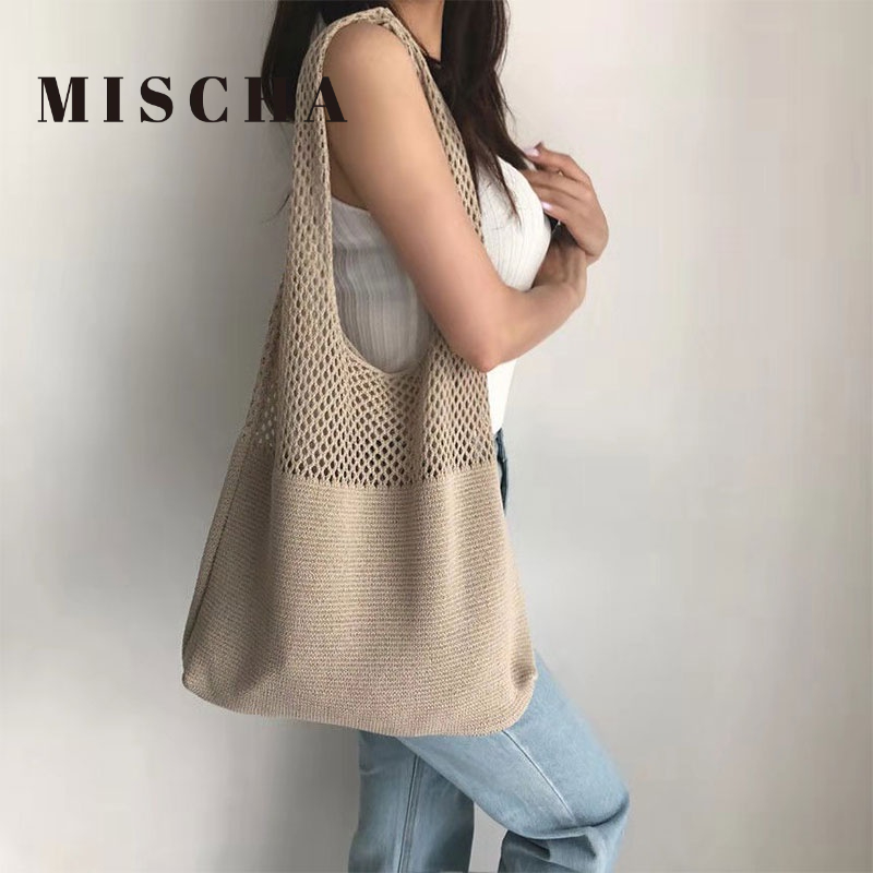 MISCHA Túi Xách Len Dệt Kim Cỡ Lớn Phong Cách Retro Cho Nữ