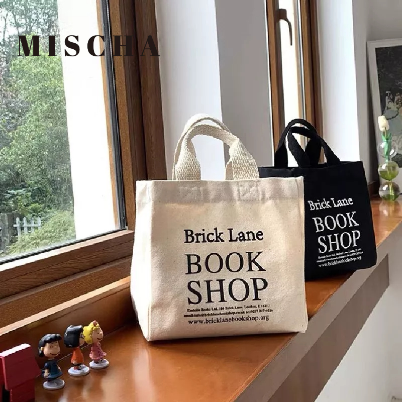 MISCHA Túi Đựng Cơm Trưa Mini Bằng Vải Canvas Màu Trơn In Chữ Phong Cách Nhật Bản Mới Cho Nữ