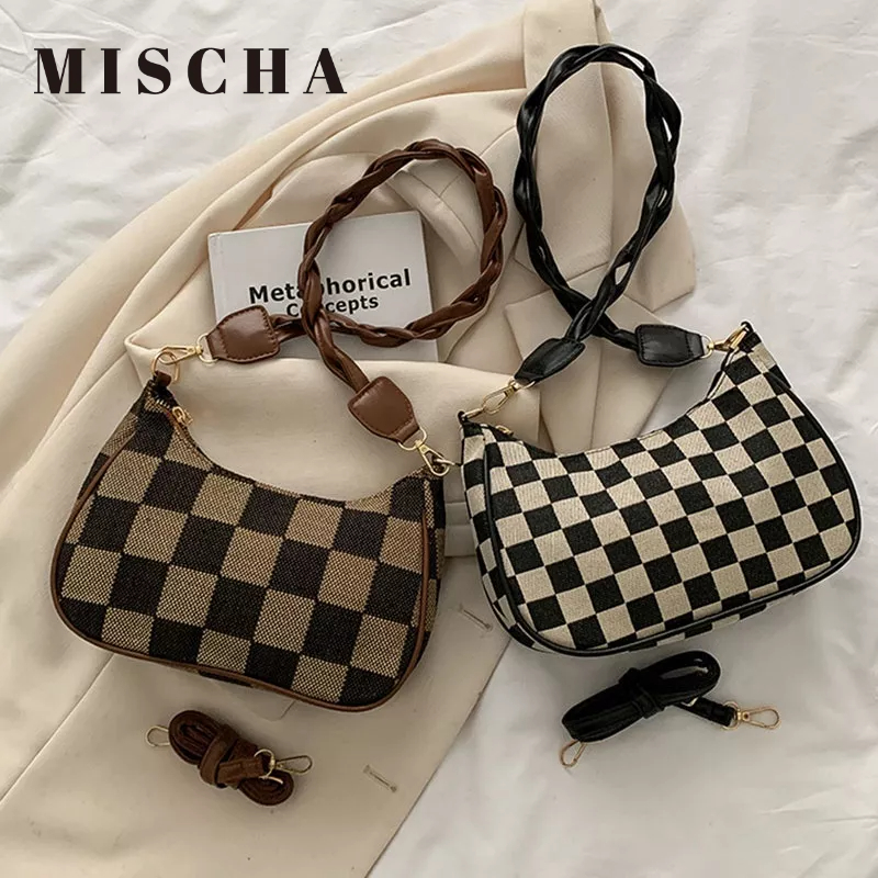 MISCHA Túi Xách Đeo Vai Họa Tiết Sọc Caro Phong Cách Retro Thời Trang Cho Nữ