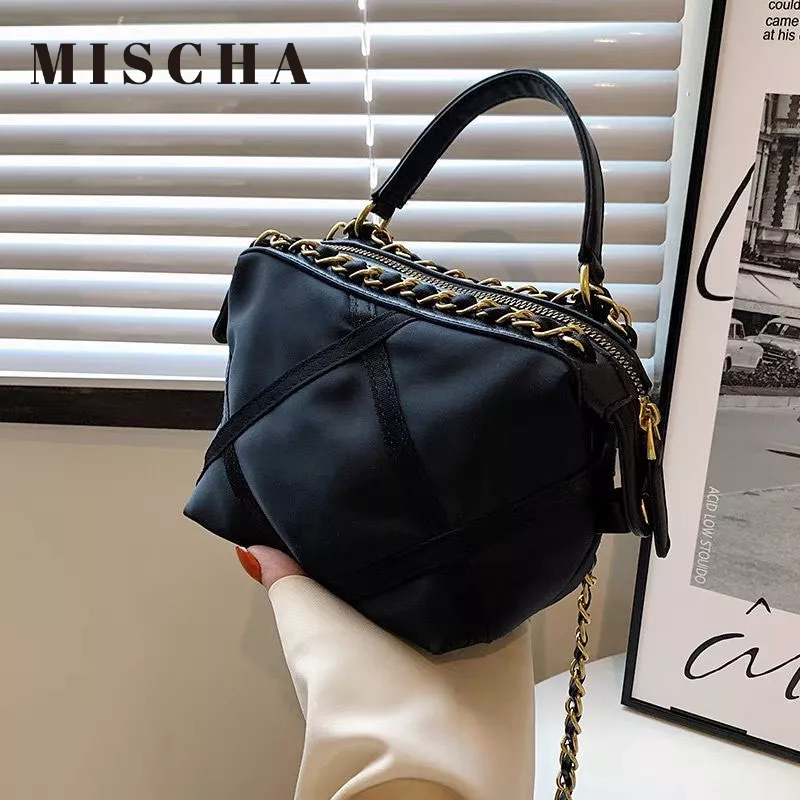 MISCHA Túi Đeo Vai Vải Canvas Màu Trơn Họa Tiết Hình Thoi Phối Dây Xích Thời Trang Cho Nữ