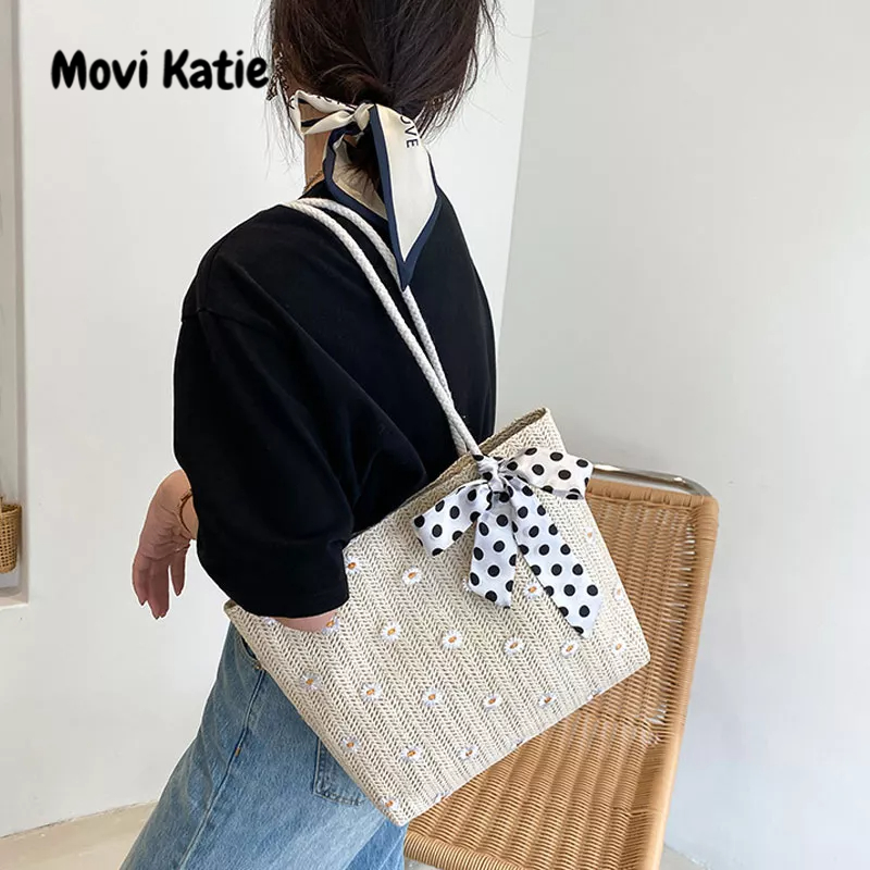 Movi Katie Túi Xách Sức Chứa Lớn Bằng Rơm Dệt Phối Khăn Quàng Cổ Đơn Giản Cho Nữ
