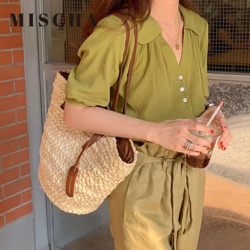 MISCHA Túi Xách Đan Rơm Phong Cách Hàn Quốc Cho Nữ