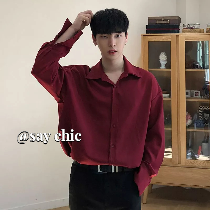 Áo Sơ Mi Nam Dài Tay Dáng Rộng Màu Đỏ Tía Phong Cách Hàn Quốc Thời Trang Mùa Hè Chất Lượng Cao