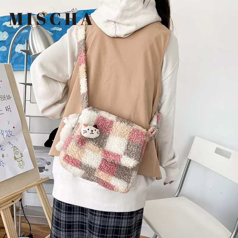 MISCHA Ba Lô Lông Cừu Mềm Mại Phối Màu Tương Phản Phong Cách vintage Nhật Bản Dễ Thương Cho Nữ