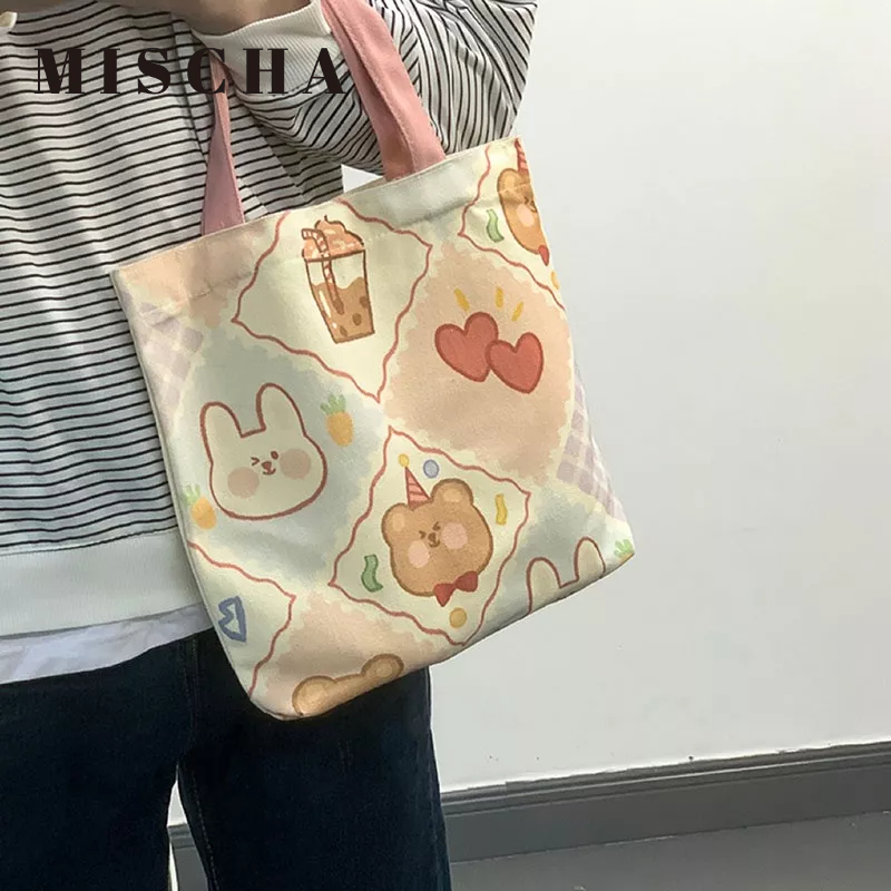 MISCHA Túi Xách Vải Canvas In Hình Hoạt Hình Nhật Bản Dễ Thương Cho Nữ