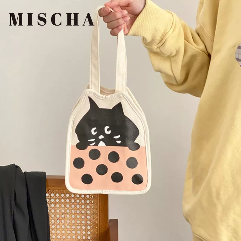 MISCHA Túi Vải canvas Đeo Vai In Hình Mèo Dễ Thương Thời Trang Cho Nữ