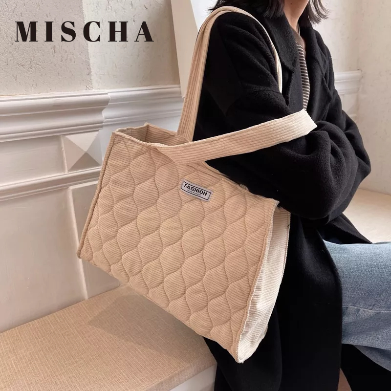 MISCHA Túi Tote Đeo Vai Vải Nhung Kẻ Hình Thoi Đơn Giản Thông Dụng Cho Bạn Gái