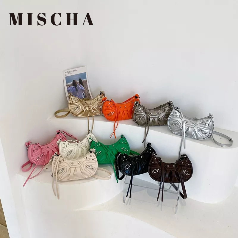 MISCHA Túi Xách Màu Trơn Đính Đinh Tán Phong Cách Âu Mỹ Thời Trang Cho Nữ