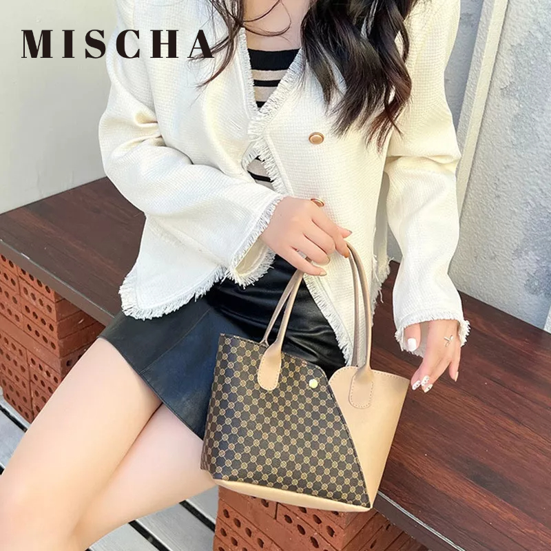MISCHA Túi Xách Da Pu Cỡ Lớn In Họa Tiết Đơn Giản Phong Cách Retro Cho Nữ