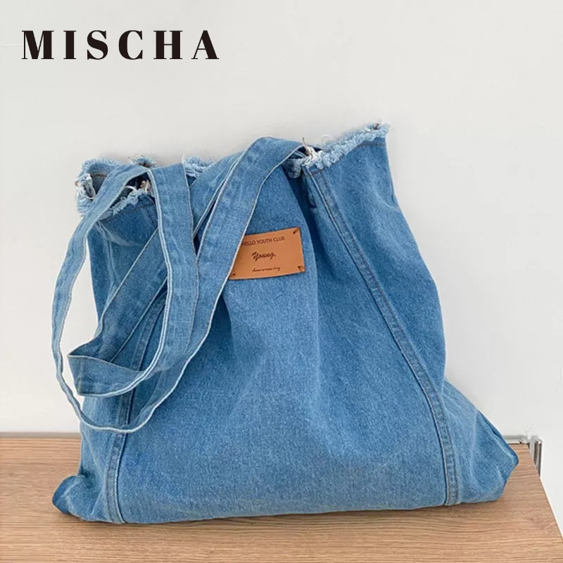 MISCHA Túi Xách Denim Ngăn Chứa Rộng Thời Trang Hàn Quốc Cho Nữ