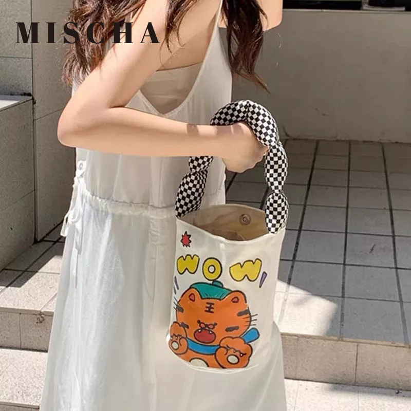 MISCHA Túi Vải canvas Sức Chứa Lớn Họa Tiết Hoạt Hình Dễ Thương Cho Nữ