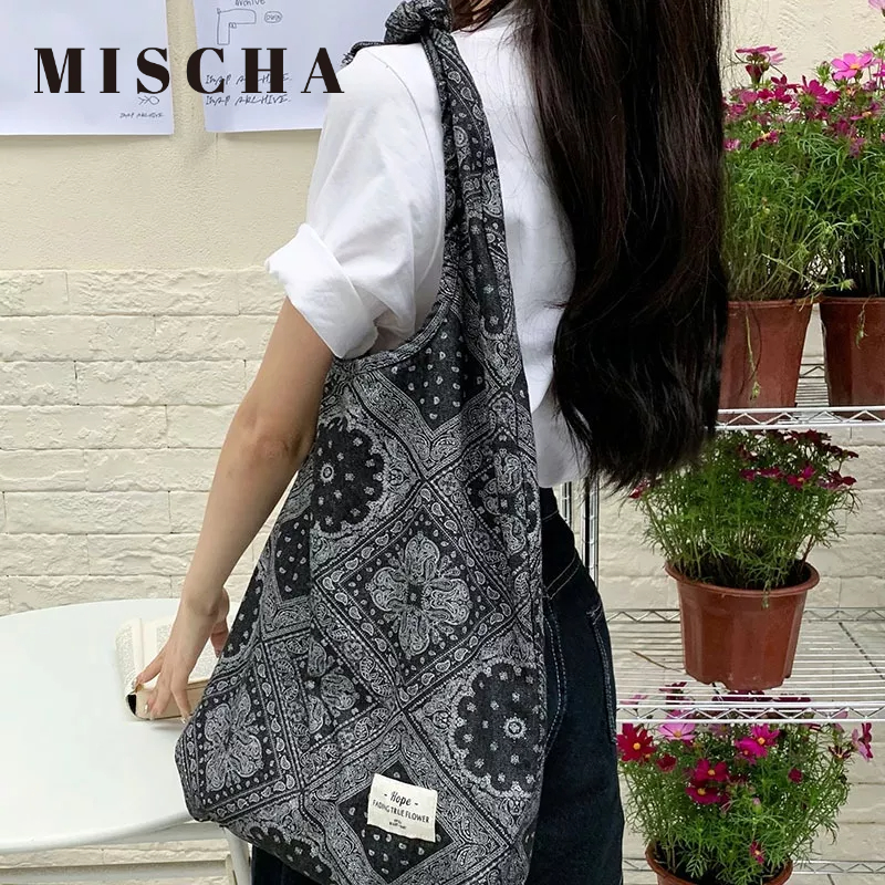 MISCHA Túi Xách Canvas Cỡ Lớn In Họa Tiết Phong Cách Retro Thời Trang Hàn Quốc Cho Nữ