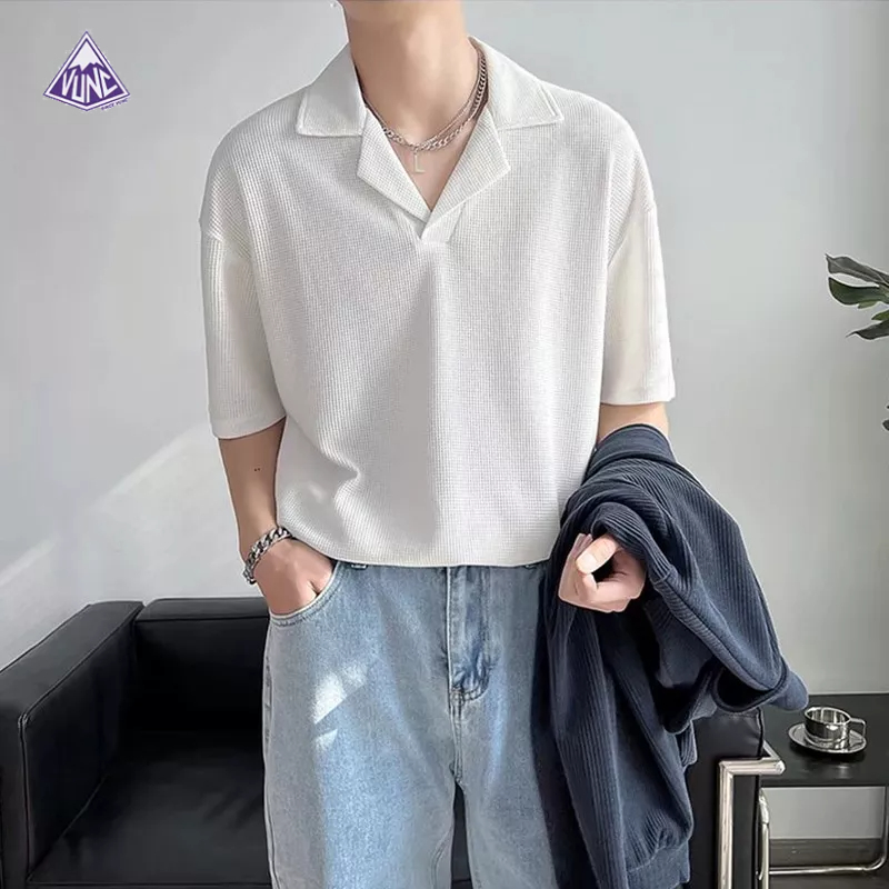 Áo Thun POLO Tay Ngắn Màu Trơn Cổ Chữ V Phong Cách Hàn Quốc Thời Trang Mùa Hè Mới Cho Nam