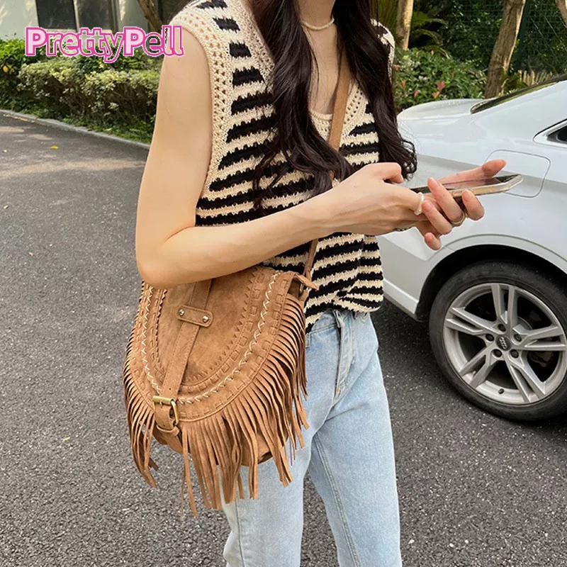 PrettyPell / One Túi Đeo Chéo Vai Giả Da Lộn Phối Tua Rua Phong Cách Retro Âu Mỹ Thời Trang Cho Nữ