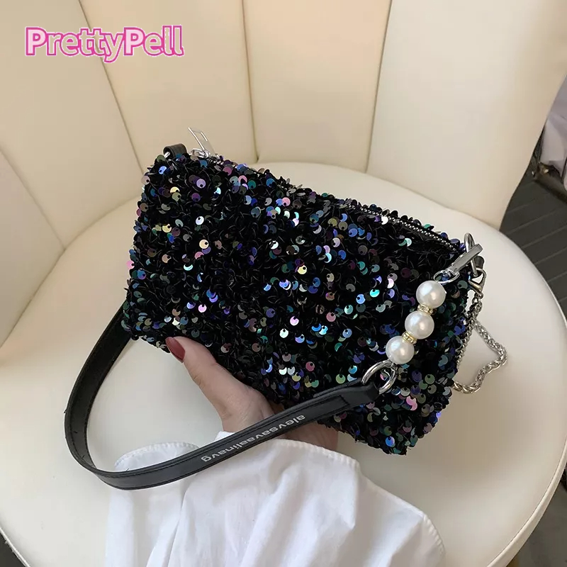 PrettyPell / Túi Xách Đeo Dưới Cánh Tay Hình Vuông Nhỏ Đính Kim Sa Ngọc Trai Nhỏ Gọn Dự Tiệc