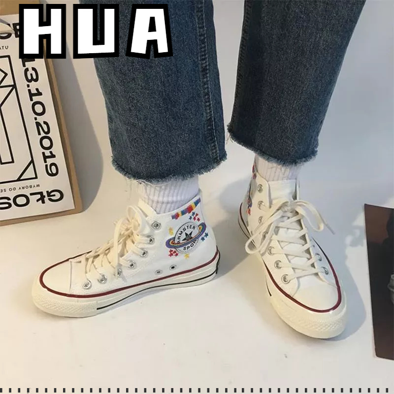 Giày Thể Thao Canvas Cổ Cao Thêu Họa Tiết Cầu Vồng Phong Cách Hàn Quốc Cho Nữ