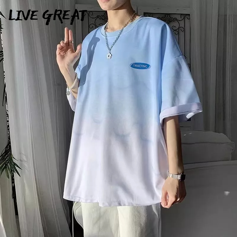 Áo thun LIVE GREAT tay ngắn cổ tròn dáng rộng màu gradient phong cách Hong Kong thời trang cho nam và nữ 2023