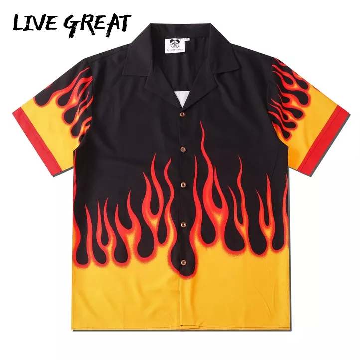 Áo sơ mi LIVE GREAT tay ngắn in họa tiết ngọn lửa cá tính thời trang dành cho nam và nữ