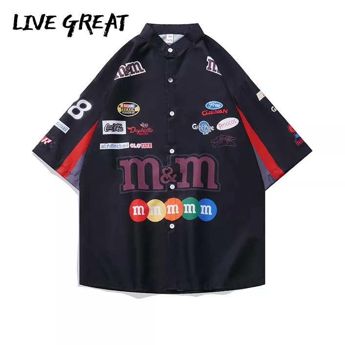 Áo sơ mi LIVE GREAT tay ngắn dáng rộng in họa tiết phong cách Mỹ cổ điển thời trang mùa hè cho nam