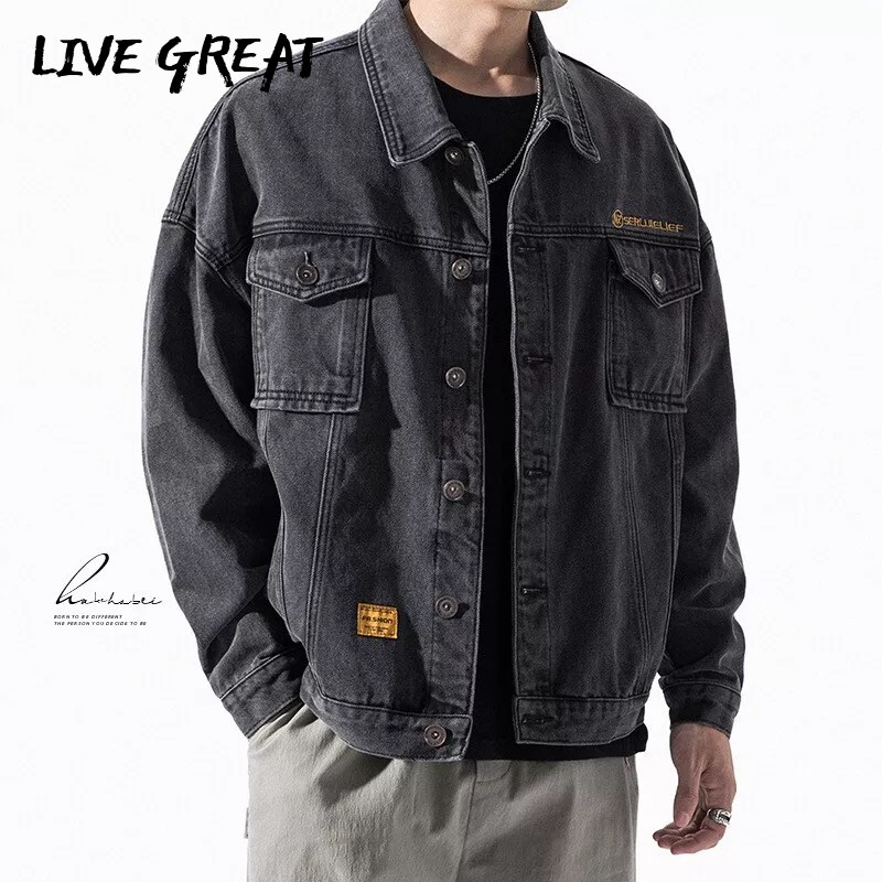 Áo Khoác Denim Dáng Rộng Phong Cách Thời Trang Đường Phố Mỹ Có Size Lớn Cho Nam Giới