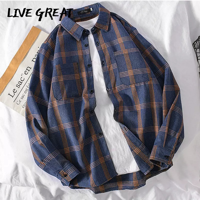 Áo sơ mi nam LIVE GREAT dài tay họa tiết caro thời trang