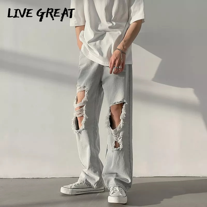 Quần Jean Ống Rộng Rách Gối Thời Trang Dành Cho Nam