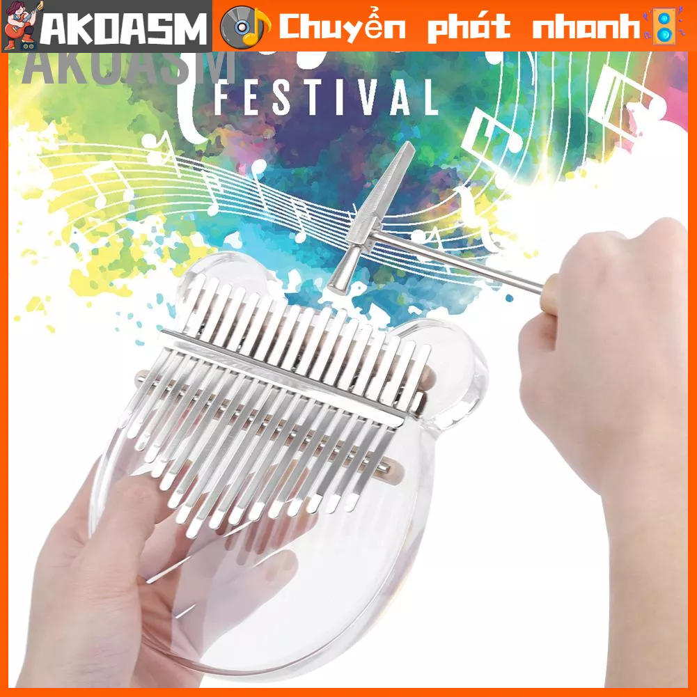 AKOASM Đàn Kalimba Thumb Piano 17 phím bằng acrylic trong suốt pha lê hình gấu + hộp đựng Hộp quà tặng Hammer Tuner