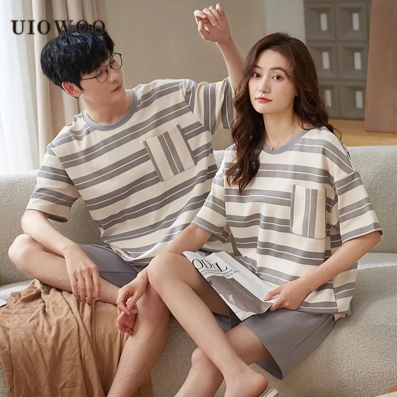 UIOWOO Bộ Đồ Ngủ Áo Tay Ngắn Phối Quần short Vải cotton Màu Trơn In Hoạt Hình Thời Trang Mùa Hè Cho Các Cặp Đôi