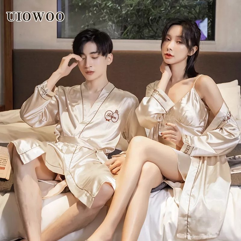 UIOWOO Bộ Đồ Ngủ Lụa Áo Choàng + Váy Ngắn Thêu Họa Tiết Thời Trang Xuân Hè Mới Cho Cặp Đôi