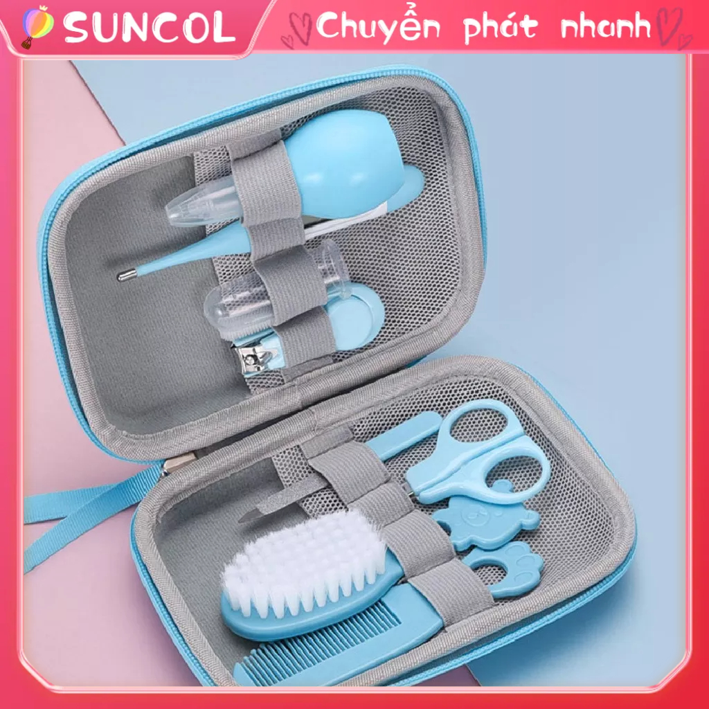 SUNCOL Bộ chăm sóc sức khỏe cho bé 8 chiếc trẻ sơ sinh kèm bàn chải tóc Bấm móng tay màu xanh