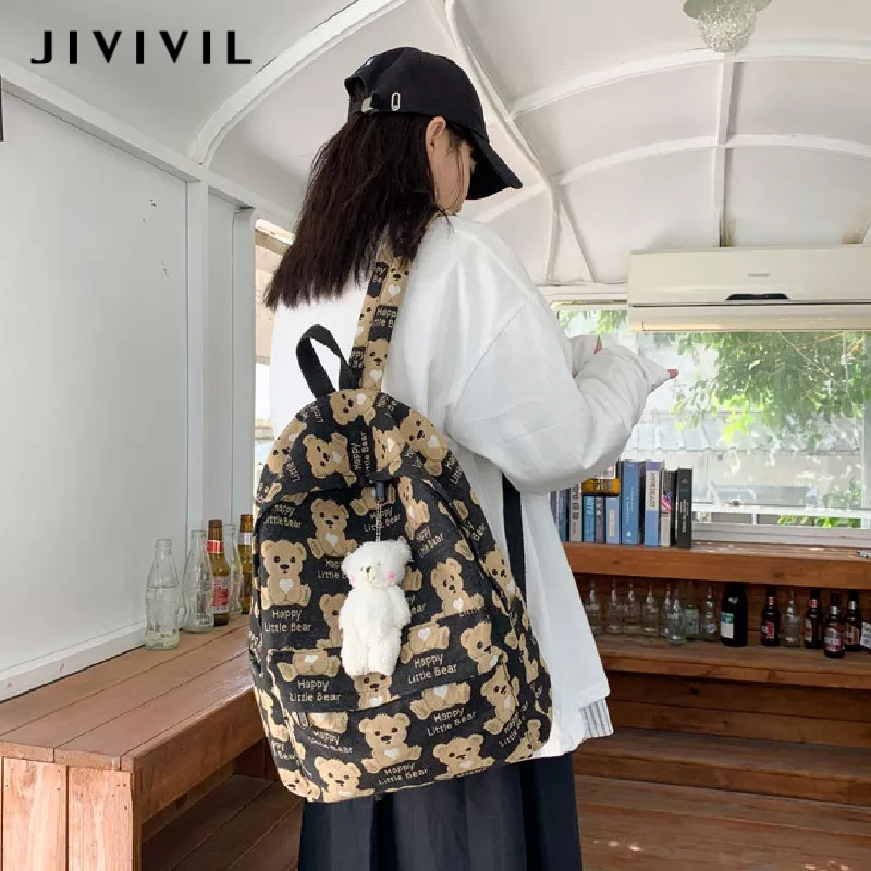 Balo đi học JIVIVIL vải canvas sức chứa lớn in họa tiết phong cách Hàn Quốc thời trang dành cho nữ