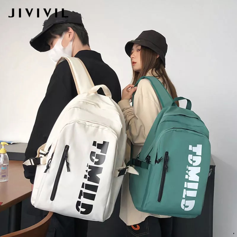 Balo đi học JIVIVIL vải nylon chống thấm nước sức chứa lớn in họa tiết màu trơn đơn giản thời trang