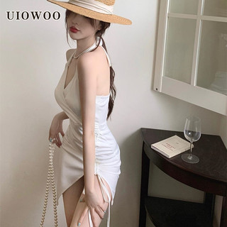 UIOWOO  Đầm Ngắn Ôm Dáng Phối Dây Rút Xẻ Tà Phong Cách Mới Cho Nữ