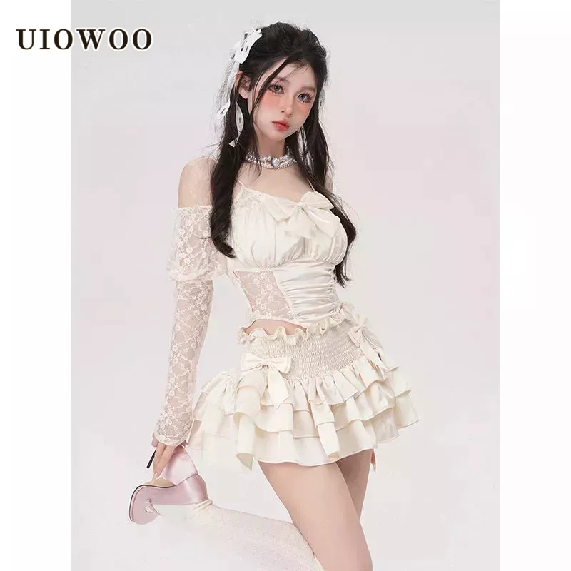 Bộ đồ UIOWOO vải ren gồm áo và chân váy ngắn phong cách múa ba lê thời trang dành cho nữ