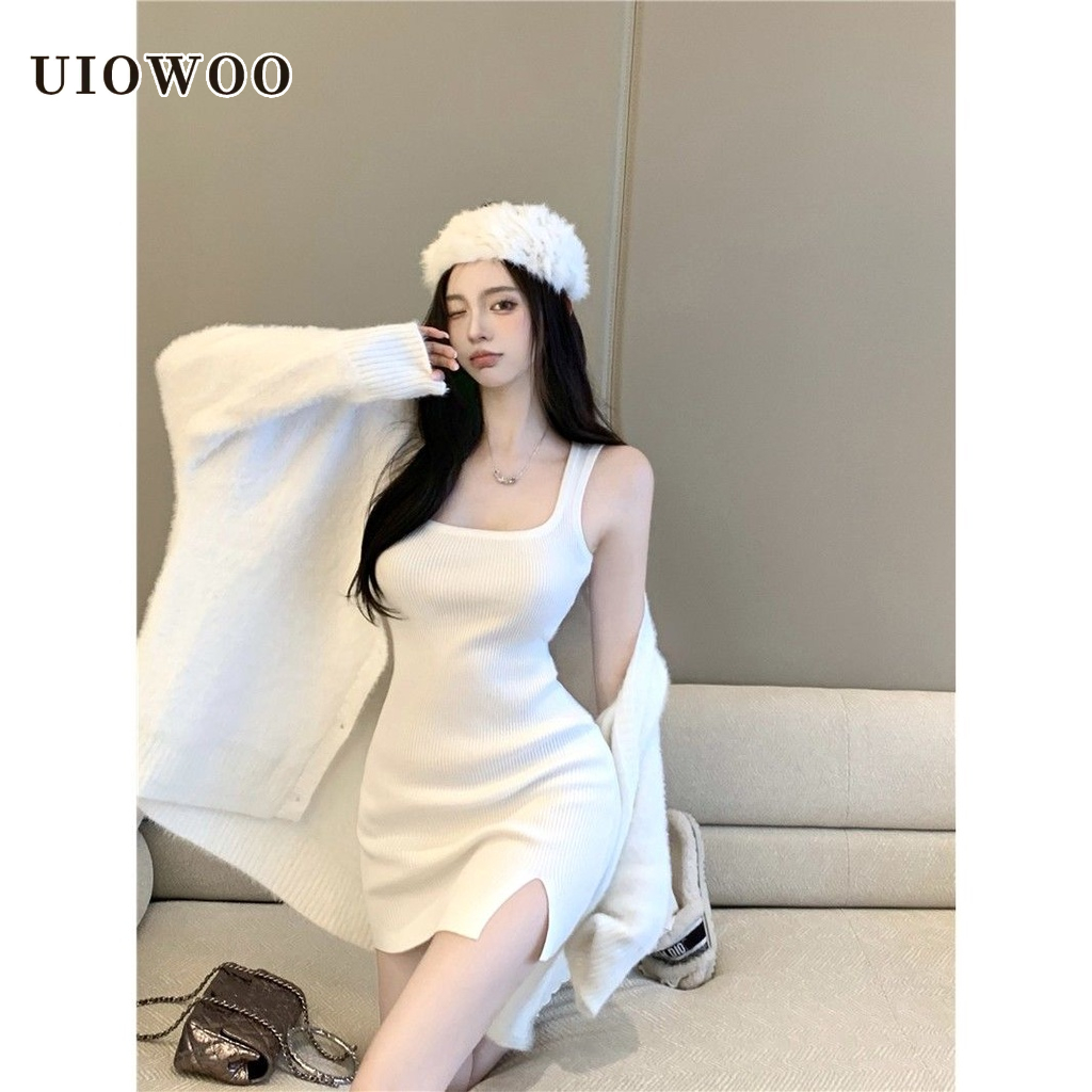 UIOWOO  Set áo khoác cardigan dệt kim + váy yếm ngắn thời trang cho nữ