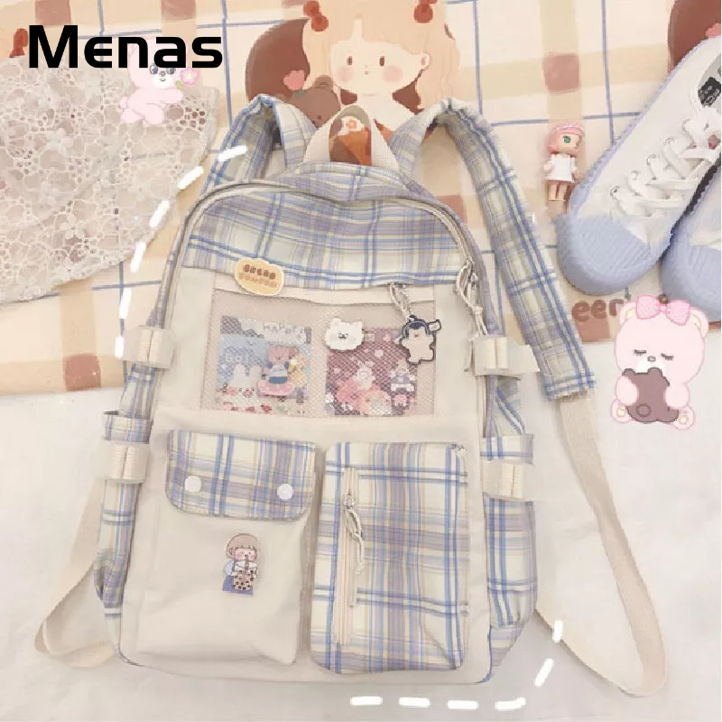 Menas Ba Lô Đi Học Sức Chứa Lớn Chất Liệu polyester Họa Tiết Sọc Caro Thời Trang Phong Cách Hàn Quốc