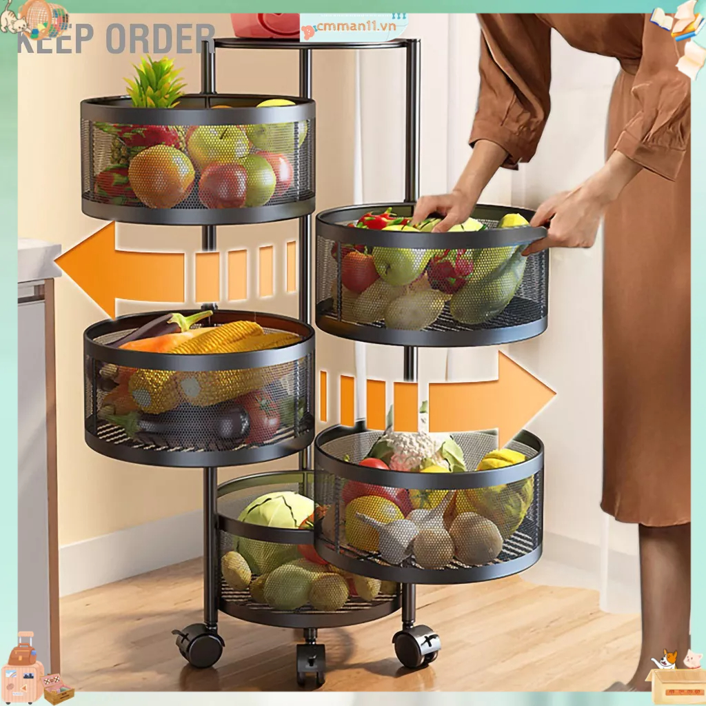 Keep order Lưu trữ nhà bếp Giá có thể xoay Giỏ bằng kim loại ổn định bánh xe để đựng rau quả