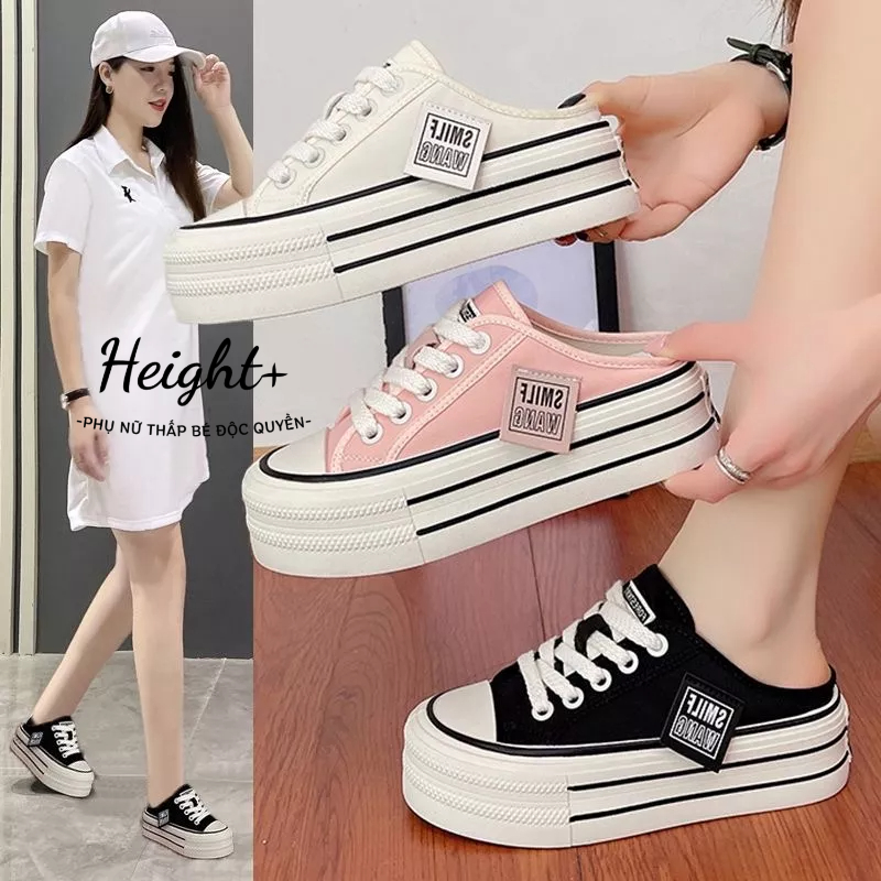 【Height+】Giày Lười Đế Dày 5cm Tăng Chiều Cao 2023 Bằng Vải Bạt Thời Trang Mùa Hè Phong Cách Mới Cho Nữ