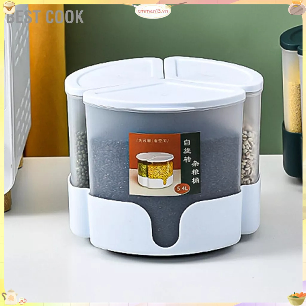Best cook Hộp Đựng Ngũ Cốc Xoay 360 Độ Thực Phẩm Khô Kín 3 Ngăn Cho Tổ Chức Lưu Trữ Quầy Bếp