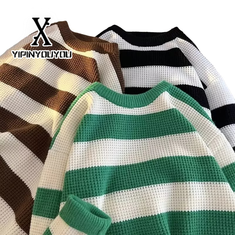 YIPINYOUYOU Áo sweater Tay Dài Cổ Tròn Họa Tiết Kẻ Sọc Thời Trang Thu Đông Trẻ Trung Cho Nam