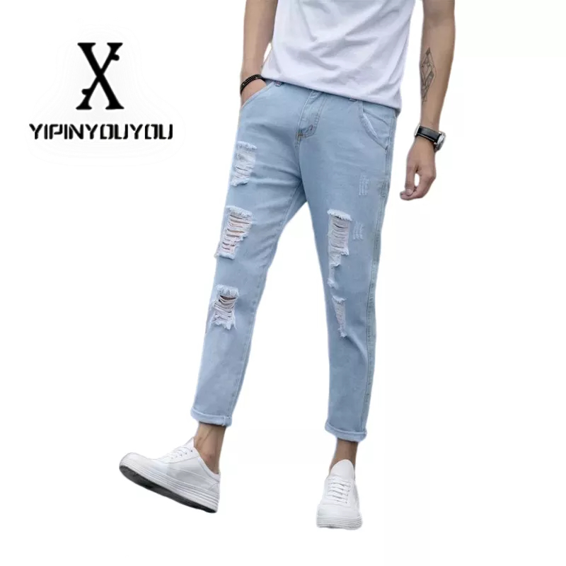 YIPINYOUYOU Quần jeans Lửng Phối Vết Rách Thời Trang Dành Cho Nam