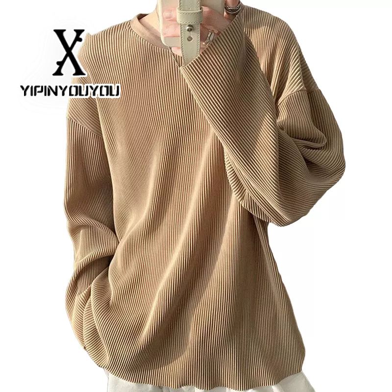 YIPINYOUYOU Áo thun dài tay sọc rộng màu trơn mùa xuân và mùa thu giản dị phong cách Hồng Kông cho nam và nữ