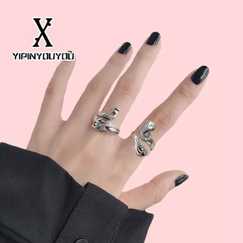 YIPINYOUYOU Nhẫn Hình Chim Công Màu Bạc Trơn Phong Cách Vintage
