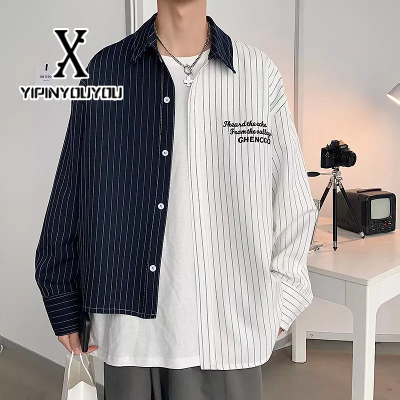 YIPINYOUYOU Áo Sơ Mi Tay Dài Kẻ Sọc Màu Sắc Tương Phản Thời Trang Xuân Thu Cho Nam