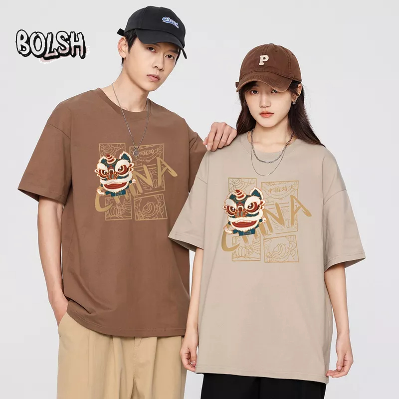 Áo Thun Tay Ngắn Cổ Tròn In Hình Sư Tử Phong Cách Dân Tộc Thời Trang Mới 2023 Cho Nam